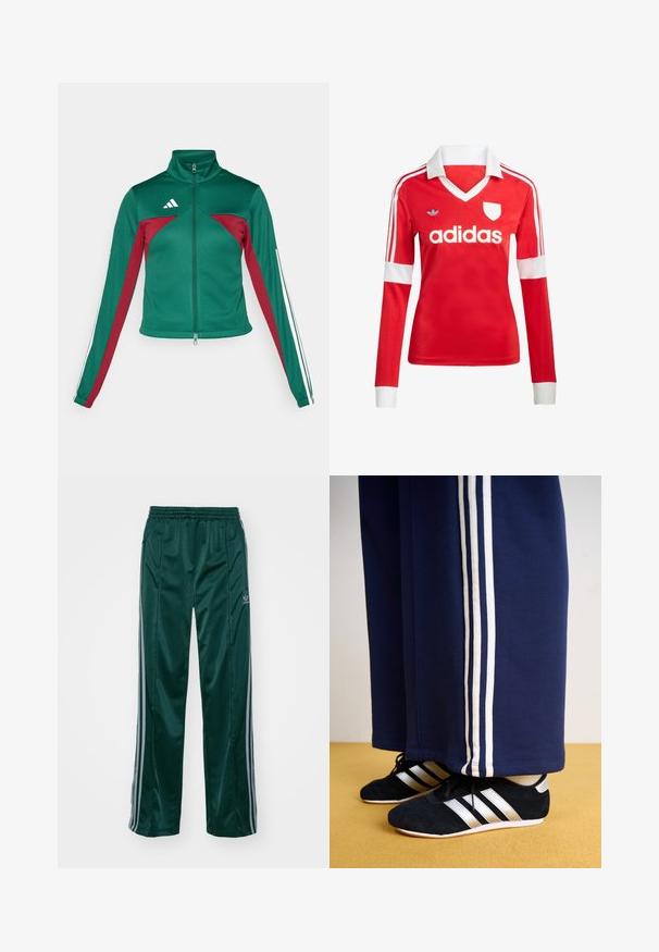 adidas Sportswear TIRO - Veste de survêtement - dark green/collegiate burgundy/white; Maillot de football à manches longues rouge avec un col et des poignets blancs. Présente trois rayures blanches sur les épaules et le logo "adidas" affiché en évidence.; Pantalons de sport vert foncé en matériau brillant, avec des bandes latérales gris clair et un logo brodé sur la jambe gauche.; Pantalons de survêtement navy avec trois rayures verticales blanches et des chaussures de sport noires avec des rayures argentées et une surface texturée. Sol jaune.