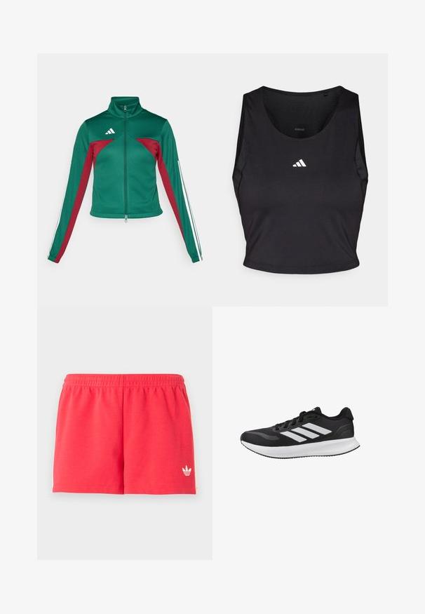 adidas Sportswear TIRO - Veste de survêtement - dark green/collegiate burgundy/white; Crop top de sport noir en tissu évacuant l'humidité, avec un col rond, sans manches, et logo blanc sur la poitrine.; Shorts de sport rouges avec ceinture élastique et petit logo Adidas blanc sur la partie inférieure gauche de la jambe, sur un fond uni.; Chaussure de course noire avec semelle blanche et trois bandes blanches sur le côté, vue de profil latéral sur fond blanc.