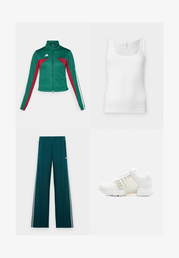 adidas Sportswear TIRO - Veste de survêtement - dark green/collegiate burgundy/white; Débardeur en coton blanc avec encolure dégagée, fines bretelles et coupe ajustée. Texture lisse et style minimaliste.; Pantalon de survêtement large couleur bleu sarcelle avec taille élastique, bandes blanches sur les côtés, poches zippées et petit logo trèfle blanc sur la cuisse droite.; Chaussure de sport blanche avec une tige en mesh texturé, des panneaux latéraux translucides et une semelle extérieure en caoutchouc solide. Dotée d'un design à lacets et d'un col rembourré.