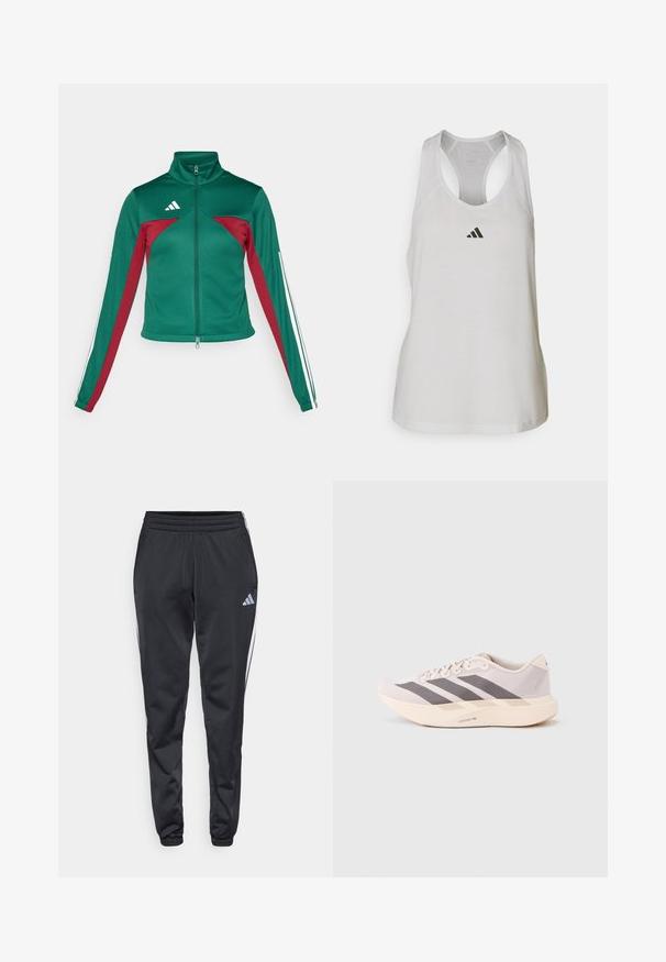 adidas Sportswear TIRO - Chaqueta de entrenamiento - dark green/collegiate burgundy/white; Camiseta deportiva blanca de tirantes, confeccionada en un tejido ligero, con un diseño de espalda cruzada y un pequeño logo negro en el pecho.; Pantalones deportivos negros con cinturilla elástica, piernas ajustadas y rayas blancas a los lados. Presenta un pequeño logo gris de trébol en el muslo izquierdo.; Zapatillas deportivas ligeras en rosa pálido y gris, con una parte superior de malla, tres franjas oscuras y una suela gruesa color crema con la etiqueta "LIGHTSTRIKE PRO".