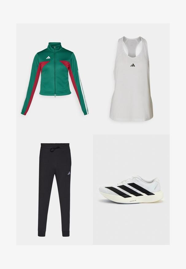 adidas Sportswear TIRO - Μπουφάν προπόνησης - dark green/collegiate burgundy/white; Λευκή αθλητική αμάνικη μπλούζα φτιαγμένη από ελαφρύ ύφασμα, με σχέδιο racerback και ένα μικρό μαύρο λογότυπο στο στήθος.; Μαύρο αθλητικό παντελόνι από μαλακό ύφασμα, με λάστιχο στη μέση, στενές μύτες και μικρό λευκό λογότυπο της Adidas στο αριστερό μηρό.; Λευκό αθλητικό παπούτσι με μαύρο σχέδιο τριών ρίγων στην πλευρά και παχιά λευκή σόλα με την ετικέτα "Lightstrike Pro" σε μονόχρωμο φόντο.