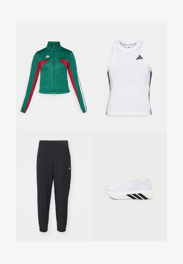 adidas Sportswear TIRO - Chaqueta de entrenamiento - dark green/collegiate burgundy/white; Camiseta deportiva blanca sin mangas con acentos laterales negros y logotipo. Presenta un escote en forma de scoop y un diseño ajustado, fabricada con material ligero y transpirable.; Pantalones deportivos negros fabricados con una tela suave. Diseño entallado con puños elásticos. Presenta un pequeño logo blanco en la cadera izquierda.; Zapatilla deportiva blanca con suela gruesa, rayas diagonales negras en la entresuela, parte superior de malla y cordones, mostrada desde un lado sobre un fondo liso.