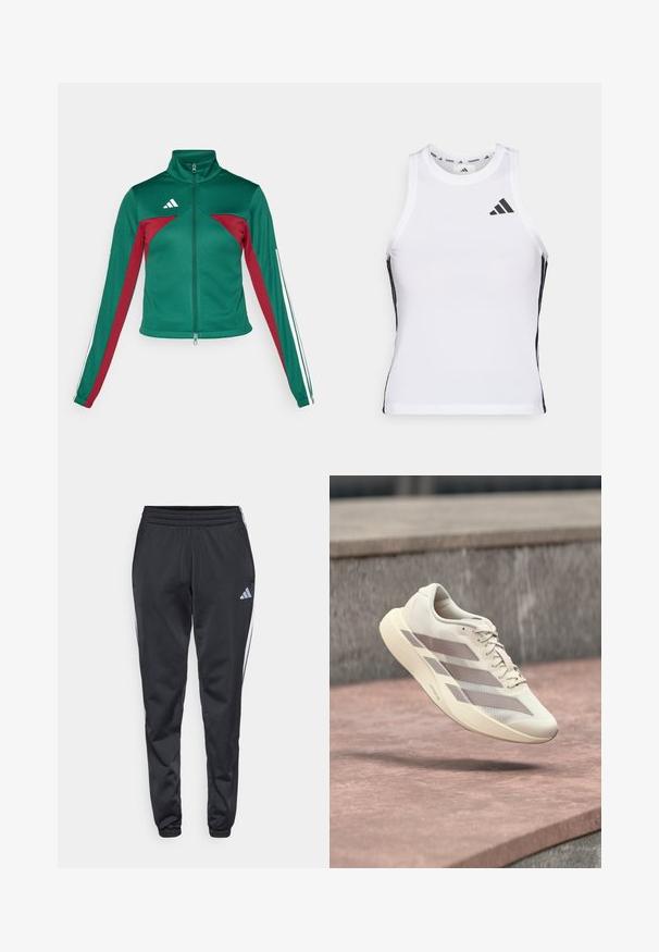 adidas Sportswear TIRO - Træningsjakke - dark green/collegiate burgundy/white; Hvid athletic tanktop med sorte sideaccentuer og logo. Har en scoop-neckline og tætsiddende design, lavet af letvægts, åndbart materiale.; Sorte træningsbukser med elastisk talje, smalle ben og hvide sidelister. Har et lille gråt trefoil-logo på venstre lår.; Kremfarvet løbesko med taupe-striber, der svæver over en rødbrun flisebelagt overflade og en grå stenmurstensbaggrund.