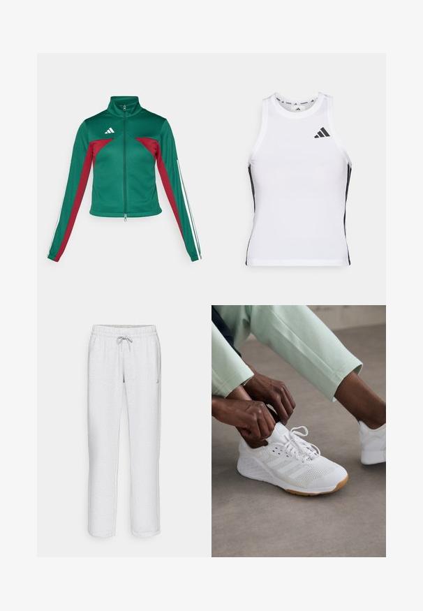 adidas Sportswear TIRO - Tréningová bunda - dark green/collegiate burgundy/white; Biely športový tielko s čiernymi bočnými akcentami a logom. Má výstrih v tvare lode a priliehavý strih, vyrobené z ľahkého, priedušného materiálu.; Biele teplákové nohavice s rovnými nohavicami, elastickým pásom, sťahovacou šnúrkou a jemnou textúrou. Obsahujú malé logo na ľavej strane.; Biele športové topánky s hornou časťou z sieťoviny, gumovou podrážkou a dizajnom so tromi prúžkami. Šnúrky sa upravujú; viditeľné svetlošedé a mätovo zelené oblečenie.