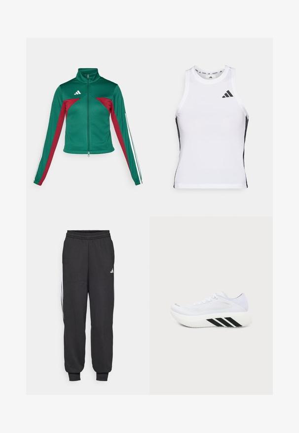 adidas Sportswear TIRO - Tréningová bunda - dark green/collegiate burgundy/white; Biely športový tielko s čiernymi bočnými akcentami a logom. Má výstrih v tvare lode a priliehavý strih, vyrobené z ľahkého, priedušného materiálu.; Čierne športové nohavice s elastickým pásom, zúženými členkami a bielymi bočnými pruhmi. Vyrobené z jemnej látky s hladkým povrchom.; Biela športová topánka s hrubou podrážkou, čierne diagonálne pruhy na strednej podrážke, sieťovinový zvršok a šnúrky, zobrazená zboku na obyčajnom pozadí.