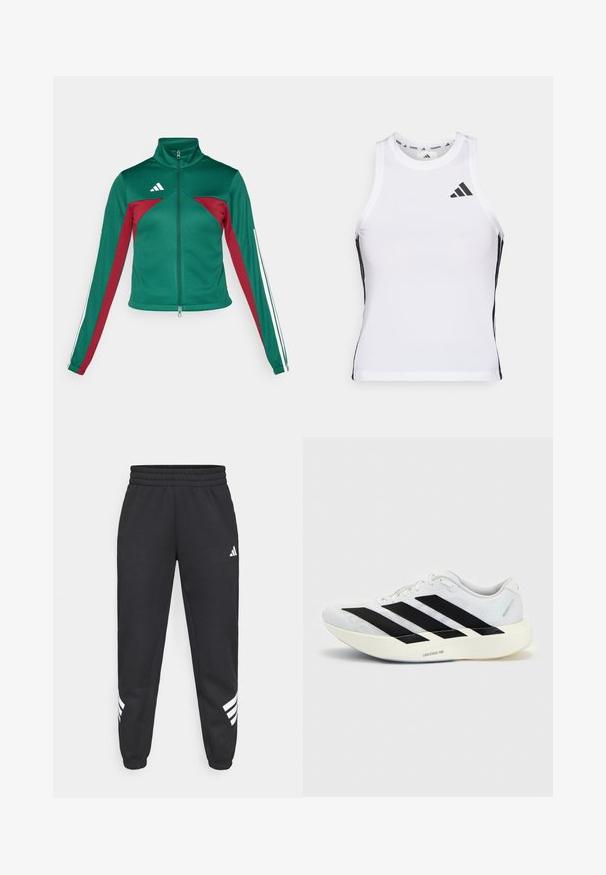 adidas Sportswear TIRO - Tréningová bunda - dark green/collegiate burgundy/white; Biely športový tielko s čiernymi bočnými akcentami a logom. Má výstrih v tvare lode a priliehavý strih, vyrobené z ľahkého, priedušného materiálu.; Čierne tepláky s elastickým pásom, zúženými nohavicami a bielym trojprúžkovým dizajnom po stranách. Vyrobené z mäkkej tkaniny.; Biela bežecká topánka s čiernym dizajnom so tromi pruhmi na boku a hrubou bielou podrážkou označenou "Lightstrike Pro" na jednofarebnom pozadí.