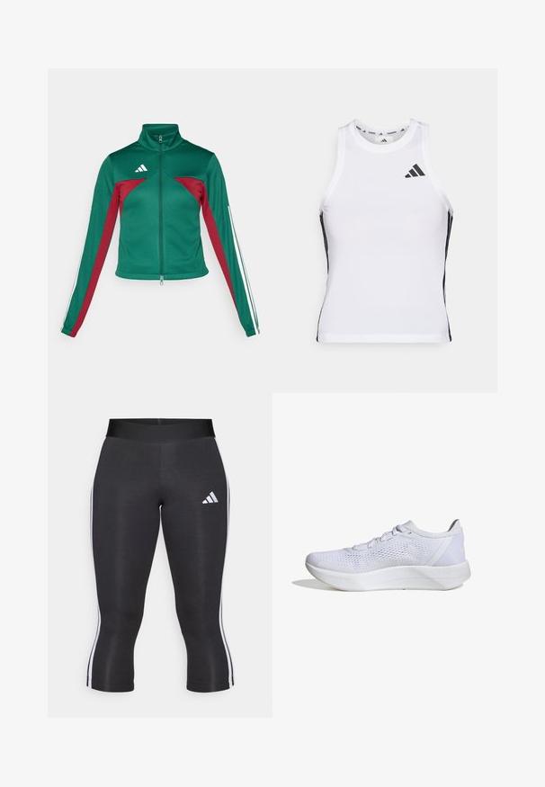 adidas Sportswear TIRO - Tréningová bunda - dark green/collegiate burgundy/white; Biely športový tielko s čiernymi bočnými akcentami a logom. Má výstrih v tvare lode a priliehavý strih, vyrobené z ľahkého, priedušného materiálu.; Čierne capri legíny s širokým pásom, so bielymi bočnými pruhmi a bielym logom Adidas na ľavom stehne. Hladká textúra.; Biele atletické topánky s priedušným sieťovým zvrškom, šnurovací dizajn, polstrovaný golier a textúrovaná gumová podrážka pre trakciu.