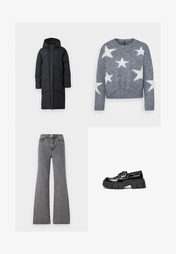 Sort polstret jakke med hætte, der har en frontlynlås, sidelommer og et quiltet design til isolering. Langærmet og knælængde.; Grå strikket sweater med rund halsudskæring, med hvide stjernemønstre og en cropped kant. Teksturen ser blød og fluffy ud.; Bredde ben jeans i grå denim med høj talje, frontlommer og dekorative nitter langs sidesømmene. Glat tekstur.; Sort laker i patenteret læder med en kraftig sort platformsål og dekorative øjer. Glat tekstur med rund tå og snøredetalje.