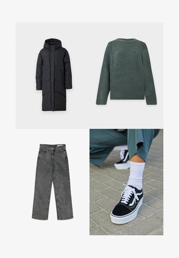 Sort polstret jakke med hætte, der har en frontlynlås, sidelommer og et quiltet design til isolering. Langærmet og knælængde.; Mørkegrøn langærmet rundhalset sweater med ribkanter ved ærmer og talje, lavet af blødt, tekstureret strikstof.; Højtaljede sorte vasket lige ben jeans med forlommer, bæltestropper, knaplukning og et mærkets indre taljeband.; Sorte ruskinds sneakers med hvide accenter og snørebånd, der har en tyk hvid sål og kontrasterende syninger, parret med en hvid sok.