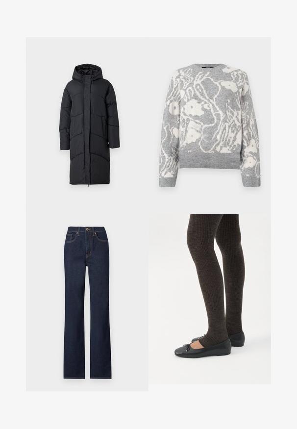 Sort polstret jakke med hætte, der har en frontlynlås, sidelommer og et quiltet design til isolering. Langærmet og knælængde.; Grå strikket sweater med et hvidt blomstermønster, rund halsudskæring og ribbede manchetter og kant, fremstillet af blødt materiale.; Mørkeblå denim jeans med lige ben, featuring en frontlukning med knap, fem lommer og kontrasterende syninger.; Ben iført mørke ribbede leggings kombineret med sorte balletsko med små sløjfedetaljer på hvid baggrund.
