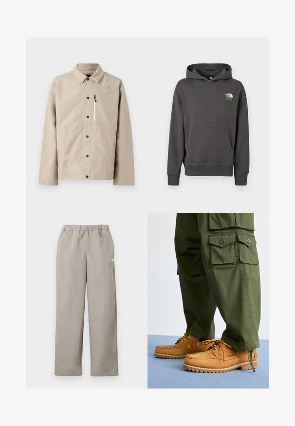 Beige North Face skjortejakke med krave og lynlåslomme på brystet, designet til udendørs brug.; Koksgrå hættetrøje med forlomme og "The North Face 1966"-logo på øverste venstre bryst.; Beige bukser med lige ben, elastisk talje og en lille hvid logo på højre sidesøm.; Timberland AUTHENTIC 3 EYE - Sejlersko - wheat