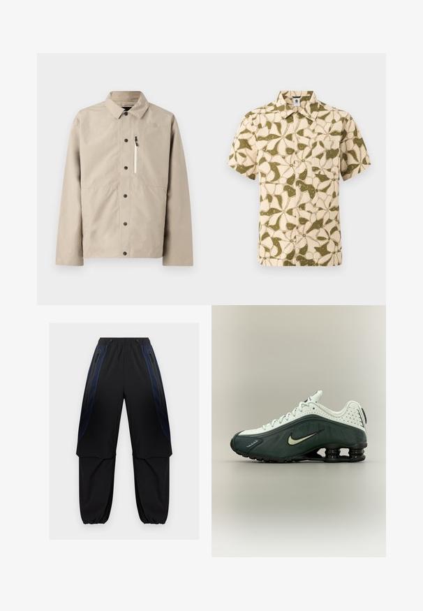 Beige North Face skjortejakke med krave og lynlåslomme på brystet, designet til udendørs brug.; Kortærmet skjorte med knapper med beige og olivengrøn abstrakt blomsterprint og en brystlomme foran.; Sorte og mørkeblå cargobukser med elastisk linning og manchetter, de har lynlåslommer på siden og lagdelte stofpaneler på lårene.; Hvid og mørkegrøn Nike-sneaker med sort fjedrelignende sål og snørebånd, vist i profil på en neutral baggrund.