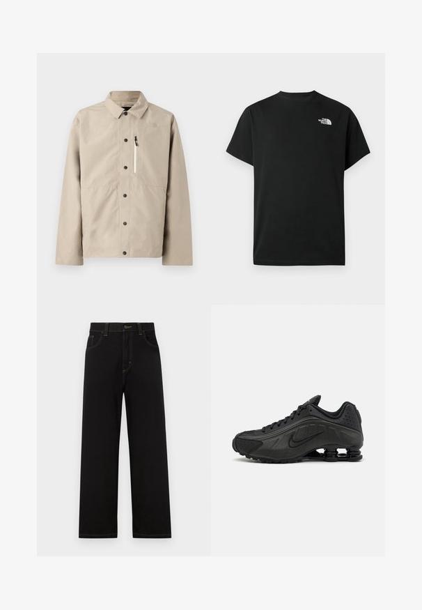 Beige North Face skjortejakke med krave og lynlåslomme på brystet, designet til udendørs brug.; Sort t-shirt med korte ærmer lavet af bomuld. Har en hvid logo på venstre bryst. Enkelt snit med rund halsudskæring og minimalt design.; Sorte denimbukser med lige pasform, der har frontlommer, kontrastgule syninger og en knaplukning i taljen.; Sorte løbesko med en glat syntetisk overdel, perforerede detaljer, teksturerede sidedele og en distinkt fjedrende sål.