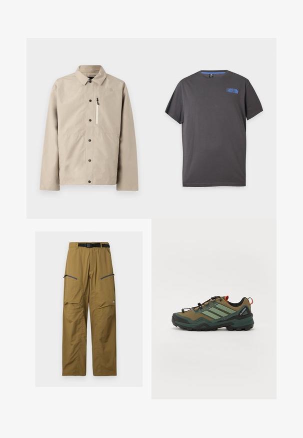 Chaqueta beige de North Face con botones y cuello, y bolsillo en el pecho con cremallera, diseñada para uso al aire libre.; Camiseta de manga corta de cuello redondo de color gris oscuro con pequeño logo azul de The North Face en la parte superior izquierda del pecho sobre fondo blanco.; Pantalones de exterior color caqui con cinturón negro ajustable, dos bolsillos en el muslo con cremallera y costuras en las rodillas, mostrados sobre un fondo liso.; Zapato de senderismo con parte superior de malla marrón y verde, suela de goma negra, cordones ajustables y acentos reflectantes. Presenta una puntera reforzada.
