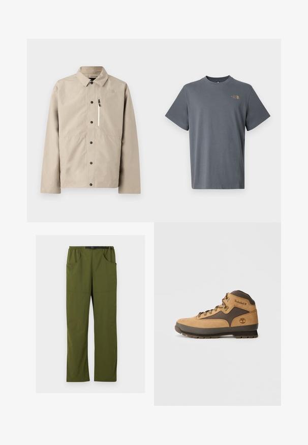 Beige North Face skjortejakke med krave og lynlåslomme på brystet, designet til udendørs brug.; Grå bomuld t-shirt med korte ærmer og rund hals, med en lille gylden logo på venstre brystområde. Glat tekstur og enkelt design.; Olivengrønne bukser med lige ben, elastisk talje og sort justerbart spændebælte, forlommer og sidelommer, detaljer med søm foran.; Brune ruskind vandrestøvle med mørkebrune accenter, metaløjer og sål med godt greb. Timberland-logo præget på siden. Mellemhøj design.