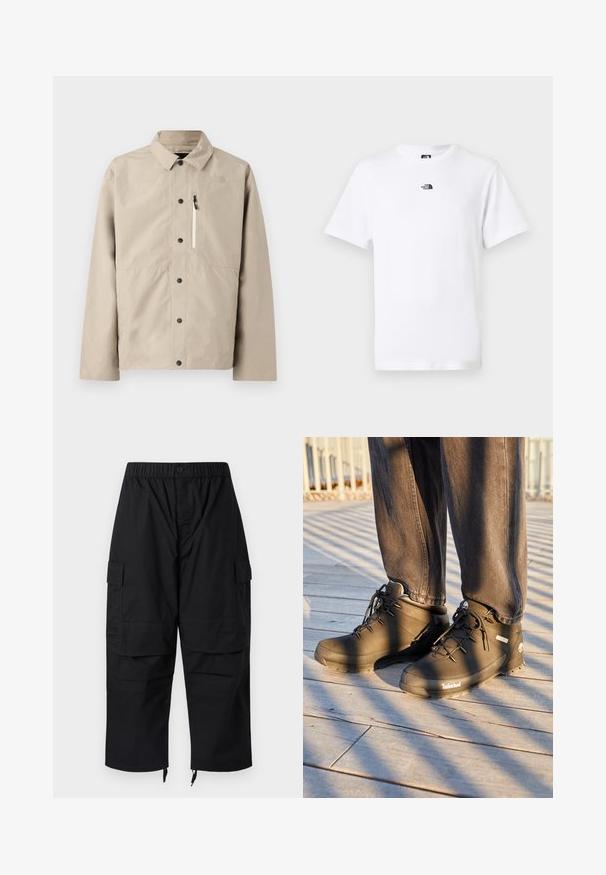 Beige North Face skjortejakke med krave og lynlåslomme på brystet, designet til udendørs brug.; Hvid t-shirt med korte ærmer og rund halsudskæring, med en lille sort The North Face-logo centreret nær kraven foran.; Sorte cargobukser med elastisk talje, flere lommer og lynlåse ved anklerne, med et afslappet, løstsiddende design.; Sorte Timberland vandrestøvler har et højt design, struktureret overflade og runde snørebånd, sat mod en trægulv baggrund.