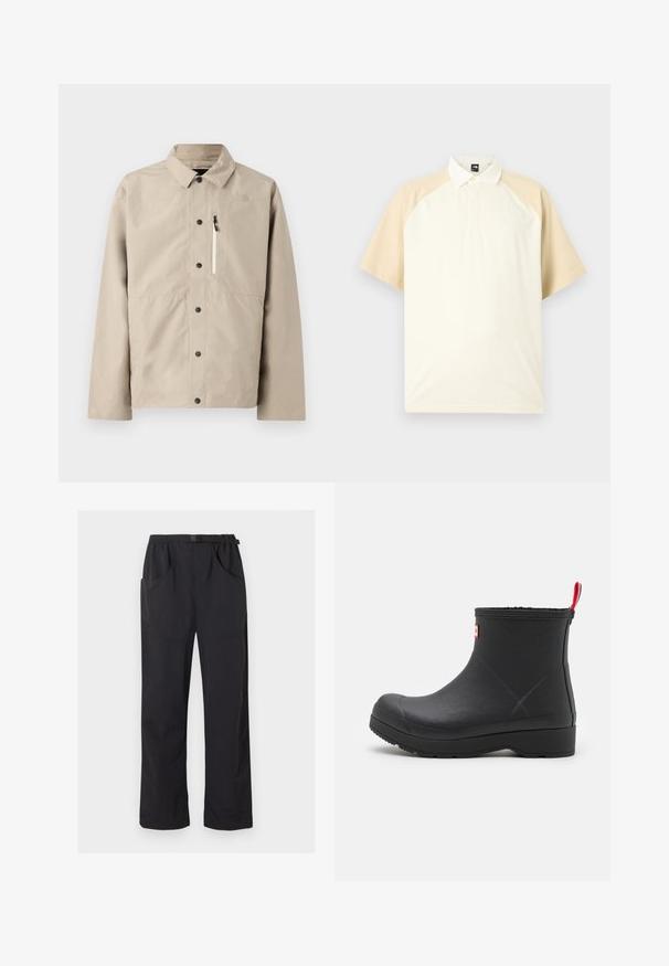 Beige North Face skjortejakke med krave og lynlåslomme på brystet, designet til udendørs brug.; Kortærmet polo med beige raglanærmer, cremefarvet krop og knaplukket krave på neutral grå baggrund.; Sorte bukser med lige ben, elastik i taljen og justerbart bælte med spænde, med for- og sidelommer.; Sort gummistøvle med glat overflade, rund tå og en rød strop bagpå. Har en lav, robust sål for holdbarhed.