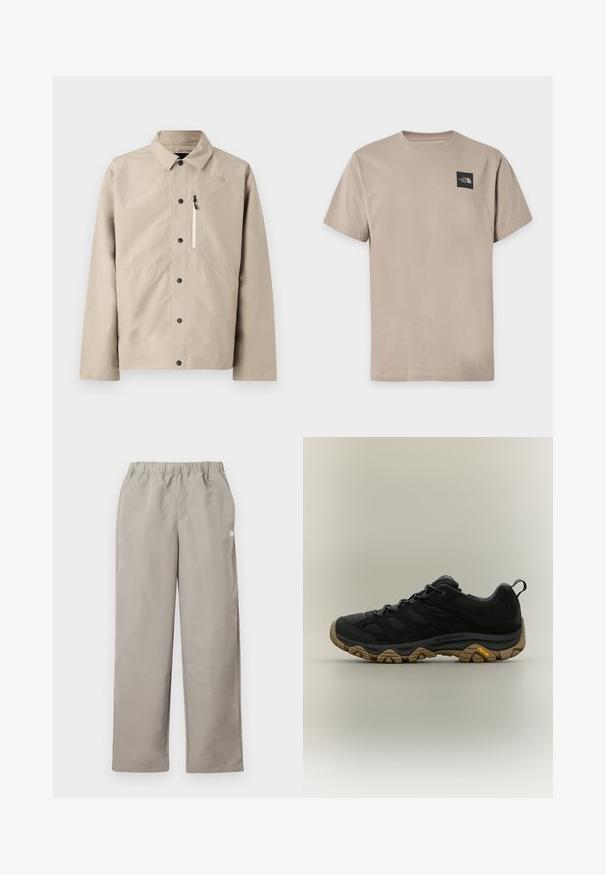 Beige North Face skjortejakke med krave og lynlåslomme på brystet, designet til udendørs brug.; Beige kortærmet t-shirt med rund halsudskæring og lille sort The North Face-logo på øverste venstre bryst.; Beige bukser med lige ben, elastisk talje og en lille hvid logo på højre sidesøm.; Sort vandresko med brun tekstureret Vibram-sål og trækflig på hælen, vist i sideprofil på neutral baggrund.