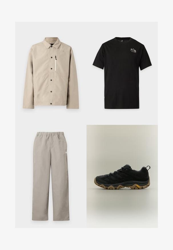 Chaqueta beige de North Face con botones y cuello, y bolsillo en el pecho con cremallera, diseñada para uso al aire libre.; Camiseta negra de manga corta con cuello redondo y pequeño logo blanco de The North Face en la parte superior izquierda del pecho.; Pantalones beige de corte recto con cinturilla elástica y un pequeño logo blanco en la costura lateral derecha.; Zapato de senderismo negro con suela Vibram marrón texturizada y lengüeta de tirón en el talón, mostrado de perfil sobre un fondo neutro.