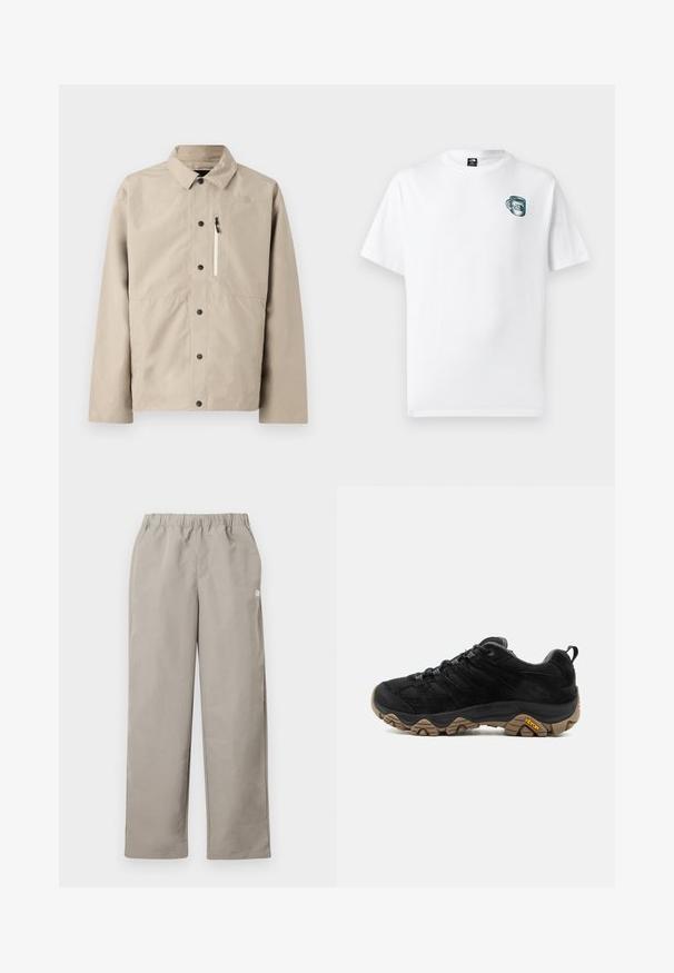 Beige North Face skjortejakke med krave og lynlåslomme på brystet, designet til udendørs brug.; Hvid T-shirt med korte ærmer med lille grønt kopgrafik og "The North Face" logo på venstre bryst.; Beige bukser med lige ben, elastisk talje og en lille hvid logo på højre sidesøm.; Sort vandrestøvle med robust brun Vibram-sål, mesh og ruskindsoverdel, snørelukning og bageste trækskinnel, vist fra ydersiden.