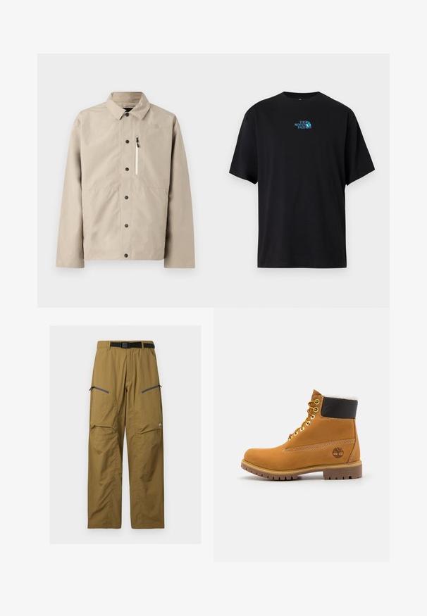 Beige North Face Hemdjacke mit Kragen und Reißverschlusstasche auf der Brust, entworfen für den Outdoor-Einsatz.; Schwarzes Baumwoll-T-Shirt mit rundem Ausschnitt und kurzen Ärmeln, mit einem türkisfarbenen "The North Face"-Logo auf der Brust.; Khakifarbene Outdoor-Hose mit schwarzem verstellbarem Gürtel, zwei Reißverschluss-Oberschenkeltaschen und Knie-Nähten, auf einfachem Hintergrund dargestellt.; Braune Leder-Ankle-Boots mit Metallösen, weißem Kunstfellfutter, schwarzem gepolstertem Kragen, robustem Sohlenprofil und geprägtem Logo an der Seite.