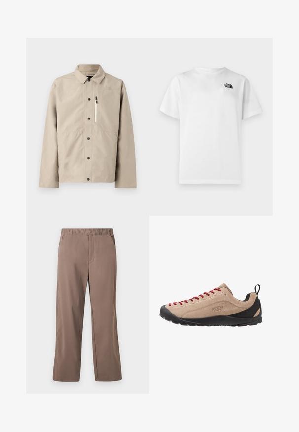 Veste beige à boutons North Face avec col et poche zippée sur la poitrine, conçue pour les activités de plein air.; T-shirt en coton blanc à manches courtes et col rond. Présente un petit logo noir sur le côté gauche supérieur. Texture lisse.; Pantalon marron à jambes droites, coupe ample, avec ceinture élastique et fermeture par bouton, poches avant, et texture de tissu lisse.; Baskets basses en suede beige avec des lacets rouges, semelle en caoutchouc noir et accents en mesh près du talon pour la respirabilité et le confort.