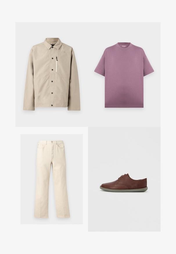 Beige North Face skjortejakke med krave og lynlåslomme på brystet, designet til udendørs brug.; Kortærmet oversized t-shirt med rund hals i afdæmpet mauve uden synlige grafik eller mønstre på ensfarvet baggrund.; Beige bukser med lige ben, forlommer, bæltestropper, knaplukning og lynlås foran, vist mod en ensfarvet baggrund.; Brune lædersko med glat finish, rund tå og lavprofil grå gummisål; har et minimalt snørelås design.