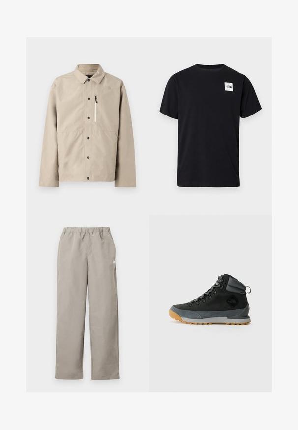 Beige North Face Hemdjacke mit Kragen und Reißverschlusstasche auf der Brust, entworfen für den Outdoor-Einsatz.; Schwarzes Baumwoll-T-Shirt mit Rundhalsausschnitt, kurzen Ärmeln und einem weißen quadratischen Logo auf der linken Brust mit Bergmotiv.; Beige gerade geschnittene Hose mit elastischem Bund und kleinem weißem Logo an der rechten Seitennaht.; Schwarze hohe Wanderschuhe aus strukturiertem Wildleder und synthetischen Materialien, mit grauen Akzenten, einer robusten Gummisohle und grauen Schnürsenkeln.
