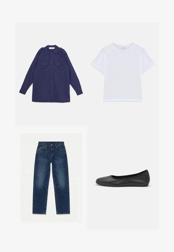 Chemise bleu marine à boutons en coton, dotée de deux poches sur la poitrine, d'épaulettes et de manches longues avec des poignets à boutons.; T-shirt blanc court en coton doux, avec un col rond et des manches courtes, d'ajustement légèrement décontracté. Pas de motifs ni d'accents.; Jean droit en denim bleu foncé avec un design classique à cinq poches et un léger délavage sur les cuisses et les genoux.; Ballerines en cuir noir avec un bout rond, texture lisse, détails de couture minimalistes et design de semelle flexible.