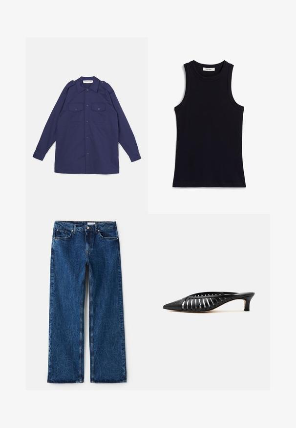 Chemise bleu marine à boutons en coton, dotée de deux poches sur la poitrine, d'épaulettes et de manches longues avec des poignets à boutons.; Un haut sans manches noir avec une texture côtelée, un col rond et une coupe régulière. L'étiquette indique "IVY OAK". Pas de motifs ou d'accents supplémentaires.; Jean large en denim bleu foncé avec une finition texturée, comportant cinq poches, des rivets en métal et une fermeture à bouton.; Mule en cuir noir avec bout pointu, design découpé à brides et petit talon kitten sur fond blanc.