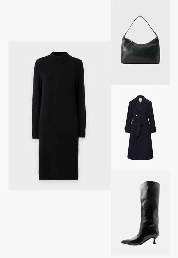 Manteau bleu marine à double boutonnage en mélange de laine, doté de grands revers, d'une taille ceinturée et de poignets boutonnés. Design élégant et structuré.; Robe en maille noire avec un col montant, des manches longues et des poignets côtelés ; coupe ajustée et longueur au genou. Texture lisse, sans motifs.; Botte en cuir noire brillante, haute jusqu'au genou, avec bout pointu et talon bas courbé sur un fond clair uni.; Sac bandoulière en cuir noir texturé avec fermeture éclair incurvée en haut et une seule sangle ajustable sur fond uni.