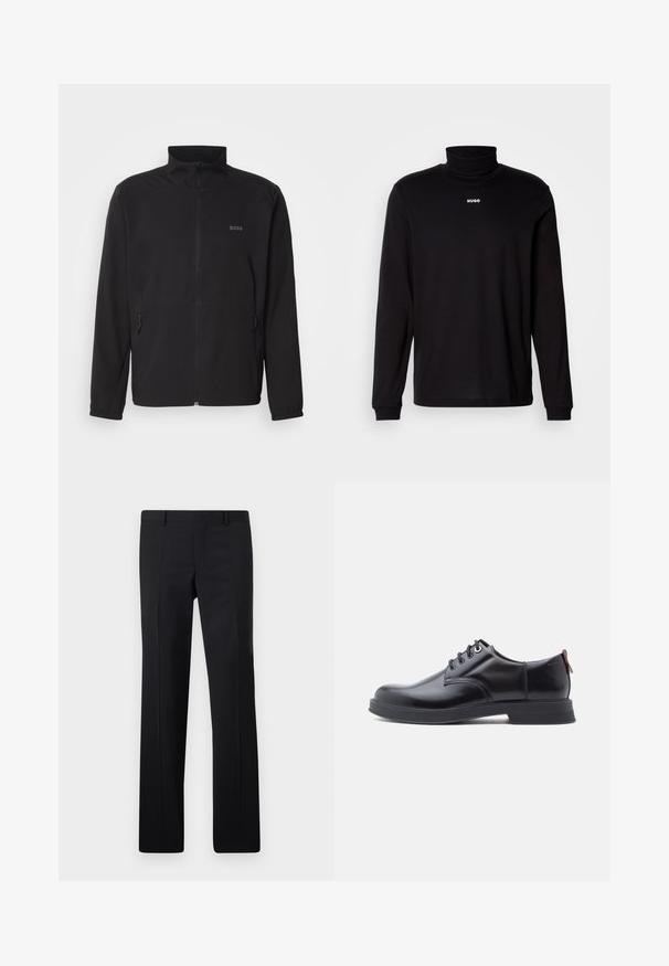 Schwarze Jacke mit Stehkragen, frontalem Reißverschluss und zwei Seitentaschen. Besitzt ein dezentes Logo auf der linken Brust und elastische Bündchen.; Schwarzes Langarm-Turtleneck-Shirt aus glattem Stoff, mit einem weißen "HUGO"-Logo auf der Brust, eng anliegend an den Bündchen und dem Saum.; Schwarze maßgeschneiderte Hose mit geradem Schnitt, scharfen Falten und glatter Oberfläche. Hergestellt aus leichtem Stoff mit einem sauberen Bund.; Schwarze Leder-Schnürschuhe mit glatter Textur, rundem Zehenbereich und dezenten Ziernähten. Mit einem roten Laschenband an der Ferse.