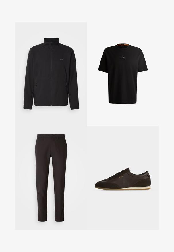 Schwarze Jacke mit Stehkragen, frontalem Reißverschluss und zwei Seitentaschen. Besitzt ein dezentes Logo auf der linken Brust und elastische Bündchen.; Schwarzes Baumwoll-T-Shirt mit rundem Ausschnitt, kurzen Ärmeln und weißem „BOSS“-Logo, das in der Mitte der Brust platziert ist. Sanfte Textur, lässige Passform.; Schwarze Hose aus glattem Stoff, mit geradem Schnitt, standardmäßigem Bund mit Knopfverschluss und ohne sichtbare Taschen oder Muster.; Dunkelbrauner Leder- und Wildledersneaker mit Schnürung vorne, heller Sohle und "BOSS" Logo in Gold an der Seite.