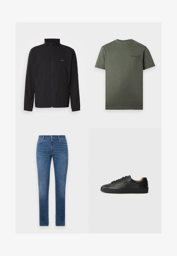 Sort jakke med ståkrave, frontal lynlås og to sidelommer. Har et diskret logo på venstre bryst og elastiske manchetter.; Enkelt mørkegrønt T-shirt med korte ærmer og rund hals med et lille diskret tekstlogo på venstre bryst.; Lige pasform blå denim jeans med frontknap, lynlås lukning og fem lommer, præsenteret på en hvid baggrund.; Sorte lavtop lædersneakers med tekstureret overflade, sorte snørebånd og tyk gummisål, vist fra siden på en lys baggrund.