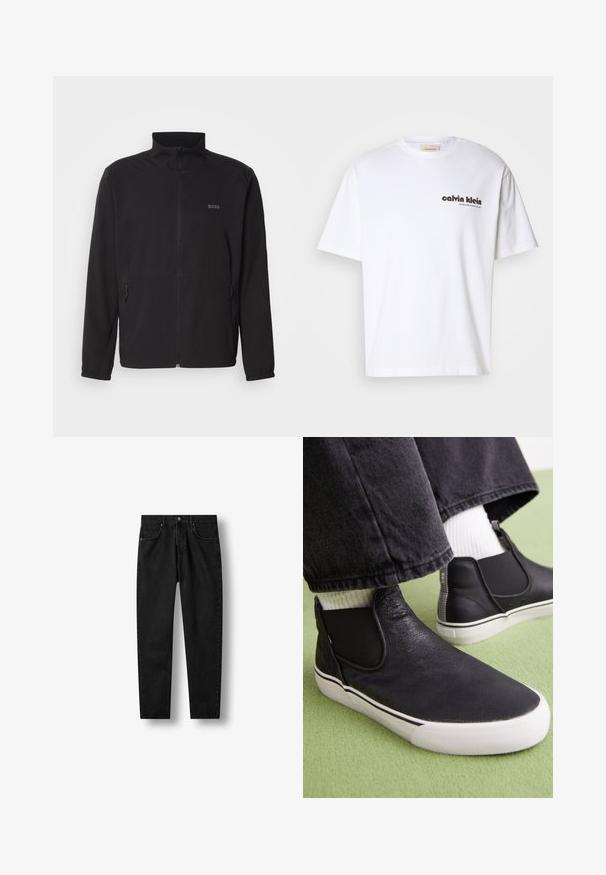 Schwarze Jacke mit Stehkragen, frontalem Reißverschluss und zwei Seitentaschen. Besitzt ein dezentes Logo auf der linken Brust und elastische Bündchen.; Weißes Baumwoll-T-Shirt mit kurzen Ärmeln, mit schwarzem "Calvin Klein"-Textlogo und einem quadratischen Etikett in der Nähe des Ausschnitts. Schlichtes Design.; Schwarze Denim-Jeans mit geraden Beinen, Fünf-Taschen-Stil, Knopf- und Reißverschluss, flach auf weißem Hintergrund dargestellt.; Schwarze Slipper aus strukturiertem Leder, mit elastischen seitlichen Einsätzen und einer weißen Gummisohle mit schwarzem Streifendetail.