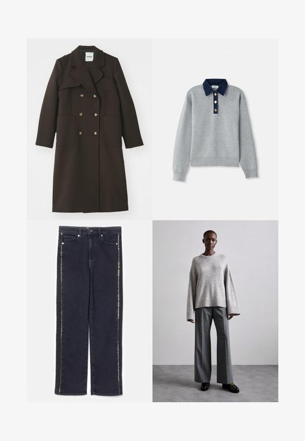 Manteau marron croisé avec un col cranté, grandes poches avant, boutons dorés, et une silhouette ajustée en tissu mélangé de laine.; Sweatshirt gris avec un col en denim bleu foncé, trois boutons dorés et des poignets côtelés. Texture douce avec un design décontracté.; Jean en denim foncé avec une coupe droite, ornée d'une rangée de clous métalliques le long des coutures latérales, apportant un accent distinctif.; Pull en maille gris avec des manches larges et un ourlet côtelé, assorti à un pantalon gris taille haute avec un motif à carreaux discret et des mocassins noirs.
