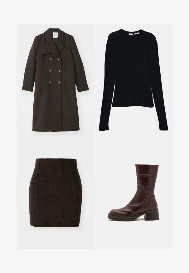 Manteau marron croisé avec un col cranté, grandes poches avant, boutons dorés, et une silhouette ajustée en tissu mélangé de laine.; Haut noir à manches longues en tissu doux, avec un col rond et une coupe décontractée, doté de fentes sur les côtés à l'ourlet pour faciliter les mouvements.; Jupe courte tricotée en marron foncé avec un motif tissé texturé et une taille ajustée. L'ourlet est côtelé pour plus de détail.; MIISTA MALENE - Bottines - brown