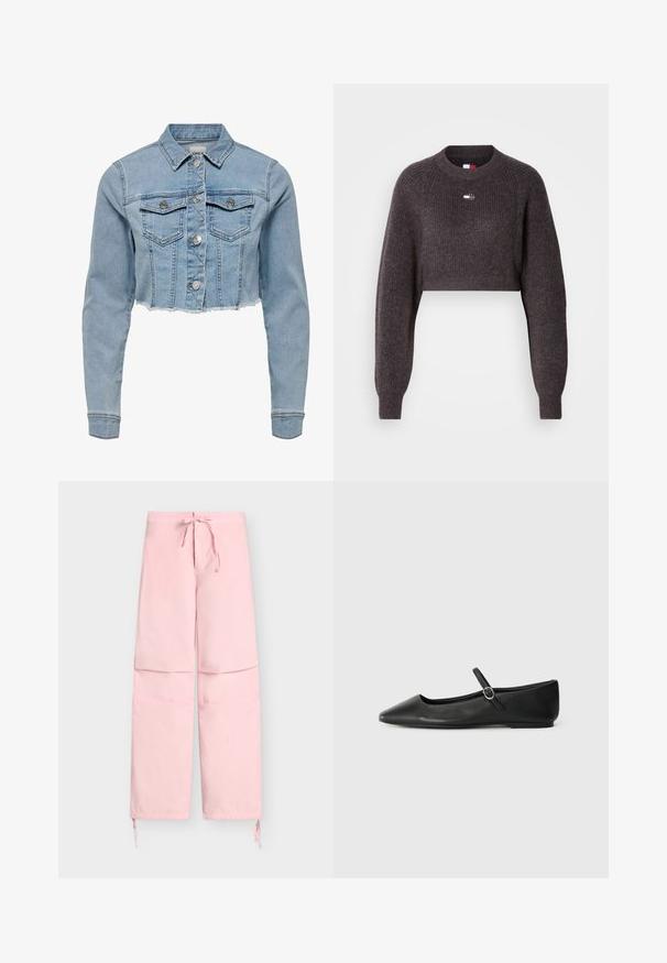 Unverkürzt geschnittene Jeansjacke in Hellblau. Sie verfügt über einen klassischen Kragen, eine durchgeknöpfte Vorderseite, zwei Brusttaschen und einen ausgefransten Saum. Hergestellt aus weicher Baumwolle.; Kurz geschnittener grauer Pullover mit gerippter Textur, langen Ärmeln und rundem Ausschnitt. Verfügt über ein kleines Logo auf der Vorderseite.; Hellrosa Hosen mit weitem Bein, verstellbarem Kordelzugbund und Bändern an den Knöcheln, für Freizeitkleidung entworfen.; Schwarze Leder-Balletschuhe mit spitzem Zeh, flacher Sohle und einem kleinen Riemen mit Schnalle am Knöchel für sicheren Halt.