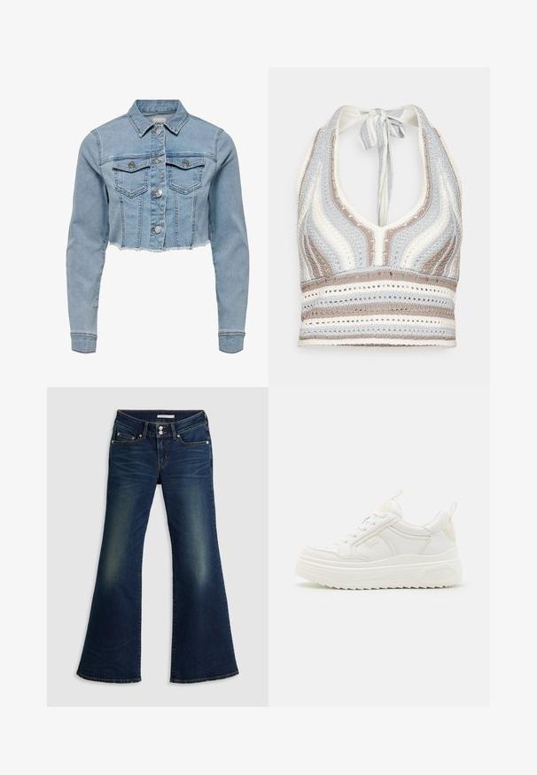 Beskarvet denimjakke i lys blå. Har en klassisk krave, knaplukning foran, to brystlommer og frynset kant. Fremstillet af blød bomuld.; Hæklet halterneck-top med lyseblå, beige og hvide striber, dyb V-halsudskæring og knyttet ryg. Åben vævet tekstur hele vejen igennem.; Mørkeblå denim superlow flare jeans med for- og baglommer, dobbelt knappelukning og slidte detaljer på lår og knæ.; Hvide lædersneakers med en kraftig sål, snørebåndsdesign og subtil branding. Har en glat overflade og rund tå.