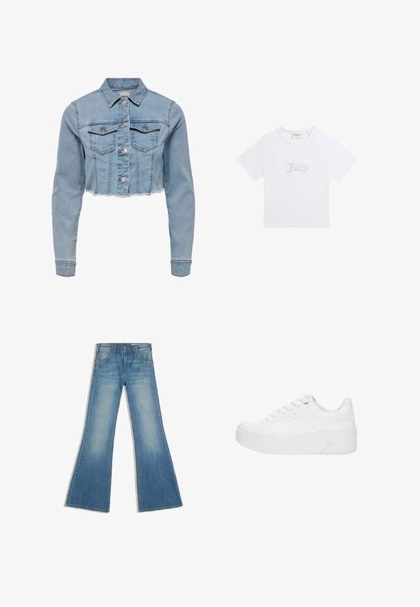 Kort denim jack in lichtblauw. Beschikt over een klassieke kraag, knopenlijst aan de voorkant, twee borstzakken en een rafelige zoom. Gemaakt van zachte katoen.; Witte korte mouw croptop T-shirt met "Juicy" in strass steentjes gecentreerd aan de voorkant en een ronde halslijn.; Blauwe spijkerbroek met uitlopende pijpen, voorzakken en knoopsluiting, afgebeeld tegen een witte achtergrond.; Witte plateau sneaker met veters aan de voorkant, geperforeerde zijkanten en dikke zool, weergegeven vanaf de buitenkant op een witte achtergrond.