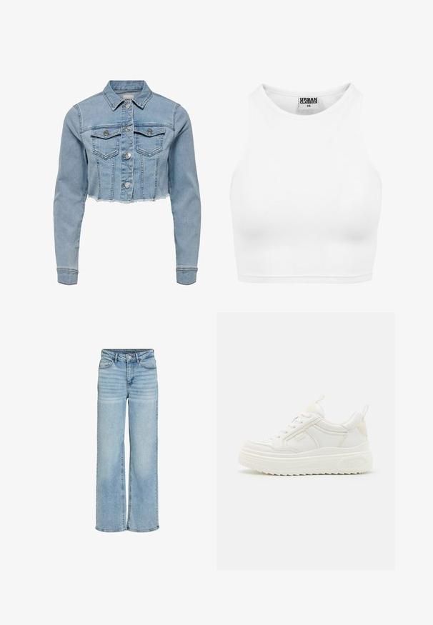 Unverkürzt geschnittene Jeansjacke in Hellblau. Sie verfügt über einen klassischen Kragen, eine durchgeknöpfte Vorderseite, zwei Brusttaschen und einen ausgefransten Saum. Hergestellt aus weicher Baumwolle.; Weißes geripptes Crop-Top mit hohem Kragen und dem Etikett "Urban Classics XS" innen am Kragen.; Hellblaue Jeans mit hoher Taille und weitem Bein, mit Frontknopf, Reißverschluss und Fünf-Taschen-Design, auf weißem Hintergrund dargestellt.; Weiße Leder-Sneaker mit einer klobigen Sohle, Schnürdesign und dezentem Branding. Sie verfügen über eine glatte Textur und eine abgerundete Zehenpartie.