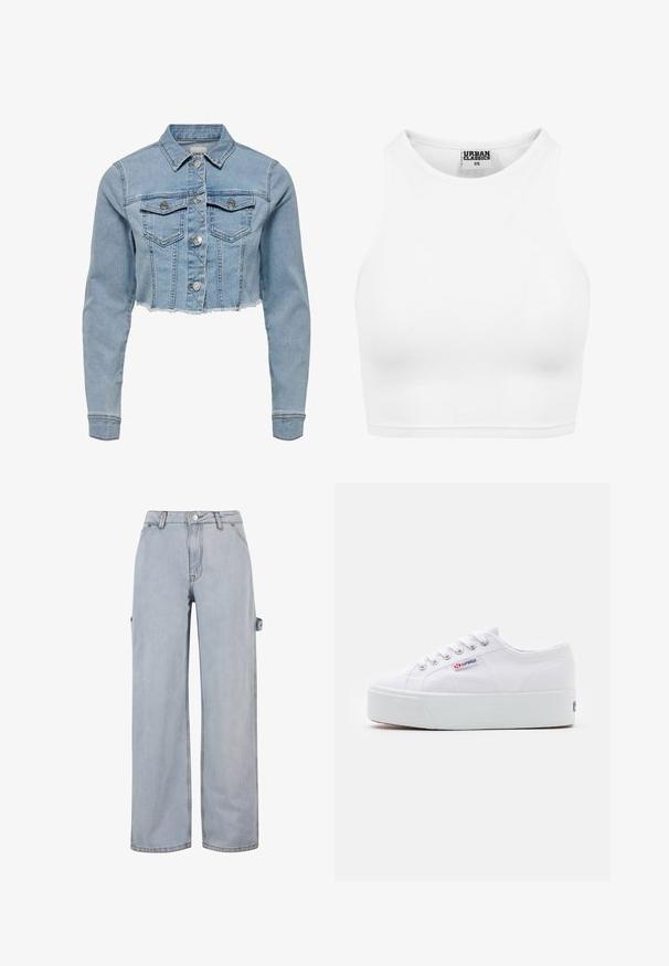 Unverkürzt geschnittene Jeansjacke in Hellblau. Sie verfügt über einen klassischen Kragen, eine durchgeknöpfte Vorderseite, zwei Brusttaschen und einen ausgefransten Saum. Hergestellt aus weicher Baumwolle.; Weißes geripptes Crop-Top mit hohem Kragen und dem Etikett "Urban Classics XS" innen am Kragen.; Hellblaue Denim-Jeans mit weitem Bein, Knopf- und Reißverschluss, Gürtelschlaufen und einem seitlichen Detail an einem Bein. Ohne sichtbare Abnutzungen.; Weiße Leinenschuhe mit einer dicken weißen Plattformsohle, runder Zehenpartie und Metallösen für die Schnürsenkel. Markenlogo an der Seite angebracht.