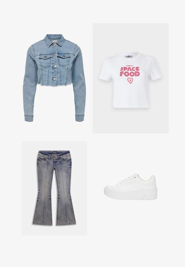 Beskarvet denimjakke i lys blå. Har en klassisk krave, knaplukning foran, to brystlommer og frynset kant. Fremstillet af blød bomuld.; Hvid bomulds t-shirt med rød grafisk tekst, der siger "SPACE FOOD" med et hjerteaccent, korte ærmer og rund halsudskæring.; Denim jeans med vidde i lys blå med falmede pletter, forlommer og kontrastsyning. Har lynlås og mærketalje.; Hvid platform-sneaker med snørelukning foran, perforerede detaljer på siden og tyk sål, vist fra ydersiden på en hvid baggrund.