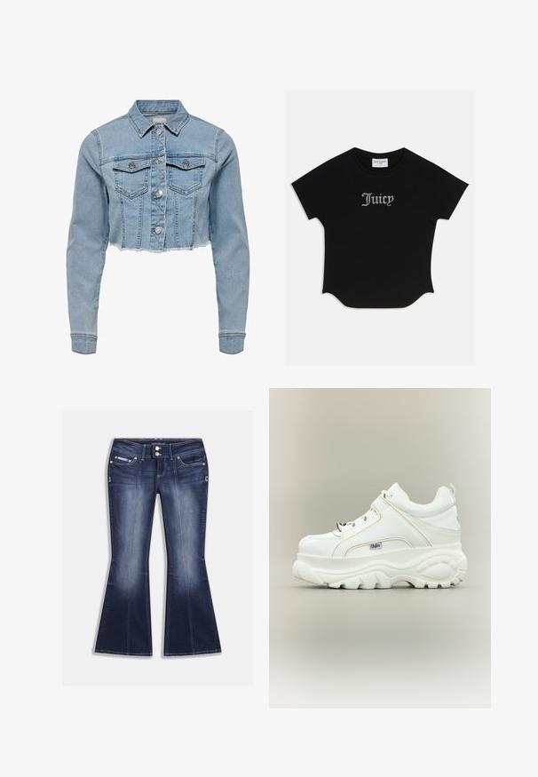 Veste en denim coupée de couleur bleu clair. Présente un col classique, une fermeture à bouton, deux poches poitrine et un ourlet effiloché. Fabriquée en coton doux.; T-shirt noir à manches courtes avec un ourlet arrondi et des manches raglan. Présente le texte "Juicy" rehaussé de strass à l'avant.; Jean évasé bleu foncé en denim, doté de cinq poches, de coutures contrastantes et d'une fermeture à boutons avec des accents décoratifs à l'avant.; Baskets à plateforme blanches avec semelle épaisse et imposante, lacets sur le devant et logo de la marque Buffalo sur le côté, vues de l’extérieur.