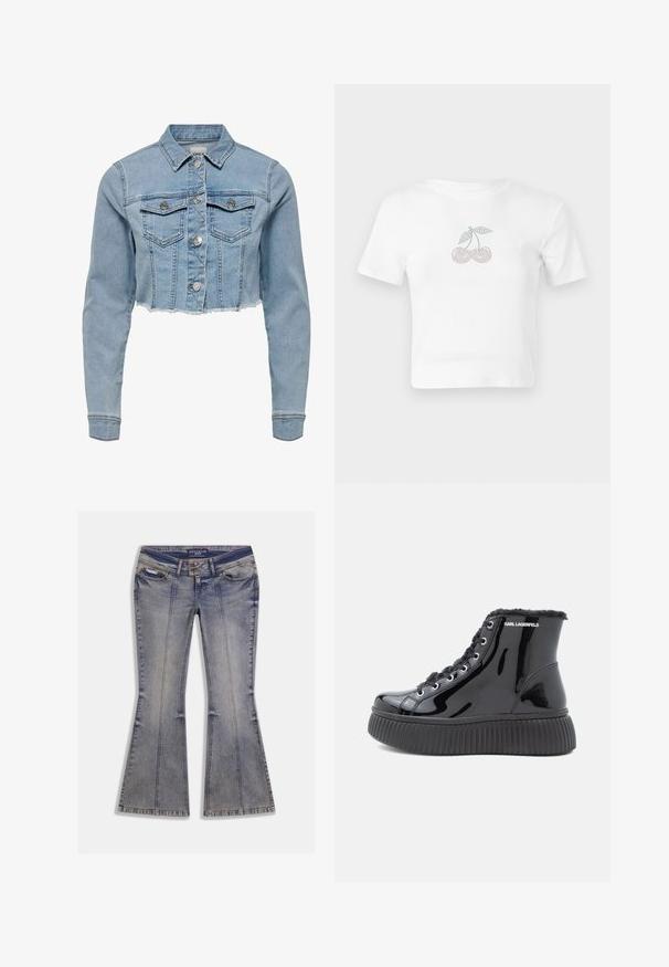 Unverkürzt geschnittene Jeansjacke in Hellblau. Sie verfügt über einen klassischen Kragen, eine durchgeknöpfte Vorderseite, zwei Brusttaschen und einen ausgefransten Saum. Hergestellt aus weicher Baumwolle.; Weißes, kurzes Baumwoll-T-Shirt mit einem gepunkteten Kirschdesign in Pink und Grün auf der Vorderseite. Kurze Ärmel und runder Ausschnitt.; Schlagjeans aus hellblauem Denim mit ausgewaschenen Flecken, Taschen vorne und kontrastierenden Nähten. Mit Reißverschluss und gebrandetem Bund.; Schwarze Lackleder-Ankle Boots mit einer strukturierten Plattformsohle, einem Futter aus Fell und metallischen Ösen. Branding an der Seite.
