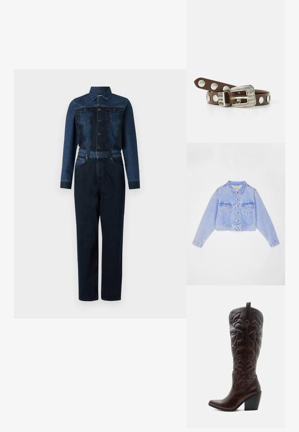 Lys blå cropped denimjakke med knaplukning, to brystlommer og kontraststing, med klassisk krave og lange ærmer.; Denim jumpsuit med en mørkeblå farve, lange ærmer, knaplukning foran, krave og bælte i taljen med to brystlommer.; Høj mørkebrun læder cowboystøvle med syede dekorative mønstre, spids tå og stablet blokhæle.; Brun læderbælte med en dekorativ sølvspænde med et fiskebensmønster og store metalstuds langs remmen.