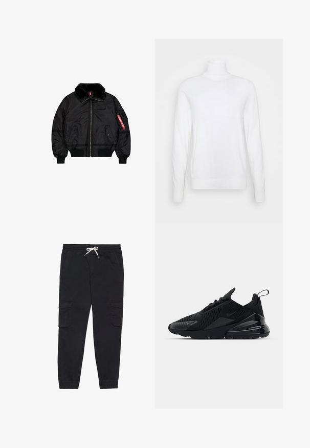 Schwarze Bomberjacke mit Pelzkragen, Frontreißverschluss, zwei Klappentaschen mit Druckknöpfen, gerippten Bündchen und Saum sowie einem roten "Remove Before Flight"-Etikett am Ärmel.; Weißer Rollkragenpullover mit langen Ärmeln, aus glattem Stoff gefertigt. Verfügt über eine taillierte Passform sowie gerippte Bündchen und Saum. Keine Muster oder Akzente.; Schwarze Cargo-Hosen aus Baumwolle mit einem elastischen Bund und Kordelzug, seitlichen Taschen und schmal zulaufenden Bündchen.; Schwarzer Nike Air Max 270 Sneaker mit strukturiertem Obermaterial, Mesh-Einsätzen und einer glänzenden Ferse mit einer auffälligen Luftpolsterungseinheit.