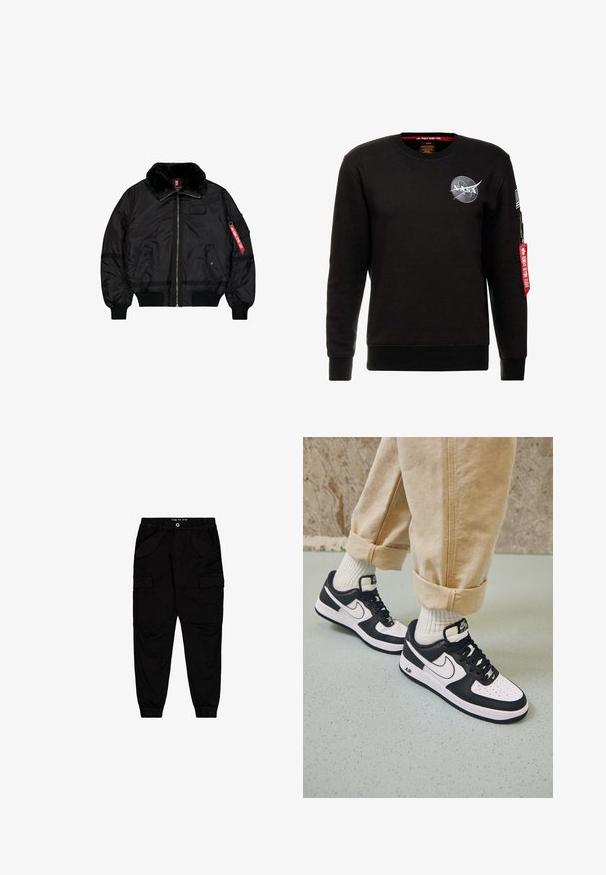 Čierna bomber bunda s kožušinovým golierom, predným zipsom, dvoma kapsami s klopami na cvoky, rebrovanými manžetami a lemom, a červenou štítkou "Remove Before Flight" na rukáve.; Alpha Industries NASA - Mikina - schwarz; Čierne cargo nohavice z bavlny, s dvoma prednými vreckami a dvoma bočnými cargo vreckami, s elastickými manžetami a pásom.; Čierno-biele tenisky Nike Air Force 1 s koženým zvrškom, perforovanou špičkou a textúrovanou podrážkou, kombinované s ohrnutými béžovými nohavicami a bielymi ponožkami.
