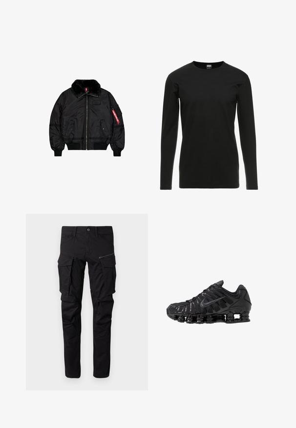 Schwarze Bomberjacke mit Pelzkragen, Frontreißverschluss, zwei Klappentaschen mit Druckknöpfen, gerippten Bündchen und Saum sowie einem roten "Remove Before Flight"-Etikett am Ärmel.; Urban Classics STRETCH TERRY - Langarmshirt - black; Schwarze Cargo-Hosen aus strapazierfähigem Stoff, mit mehreren Seitentaschen, einer Reißverschlusstasche, schmal zulaufenden Beinen und verstärkten Nähten.; Schwarze Sportschuhe aus Mesh- und synthetischen Materialien mit einem markanten wellenförmigen Design, schwarzer Gummisohle und reflektierenden Akzenten.