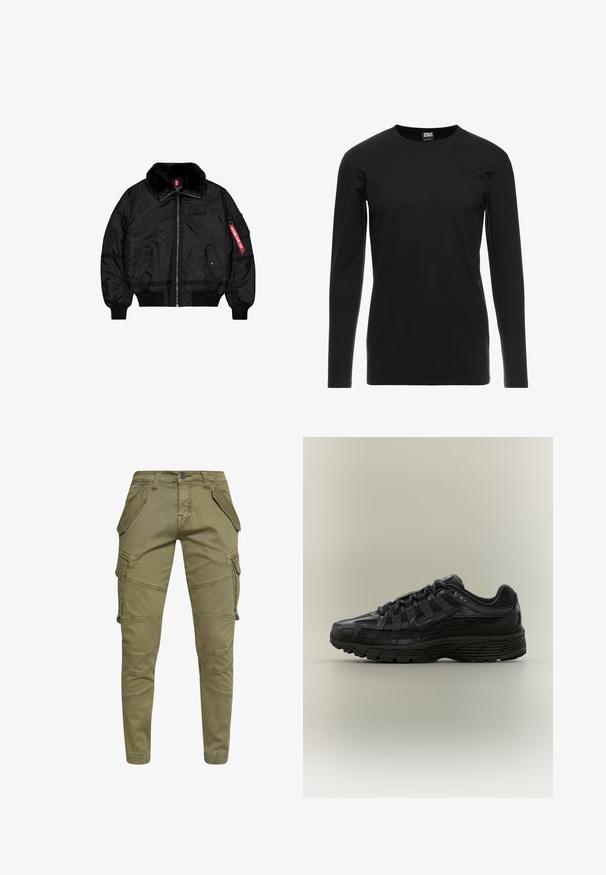 Chaqueta bomber negra con cuello de piel, cremallera frontal, dos bolsillos con solapa y cierre de presión, puños y bajo acanalados, y una etiqueta roja "Remove Before Flight" en la manga.; Urban Classics STRETCH TERRY - Camiseta de manga larga - black; Pantalones cargo verde oliva fabricados en una mezcla de algodón, con múltiples bolsillos laterales, diseño ajustado y costuras detalladas a lo largo de las piernas.; Zapatilla de correr negra Nike con parte superior de malla y sintética, cierre de cordones y suela texturizada, mostrada desde una vista lateral izquierda sobre un fondo liso.